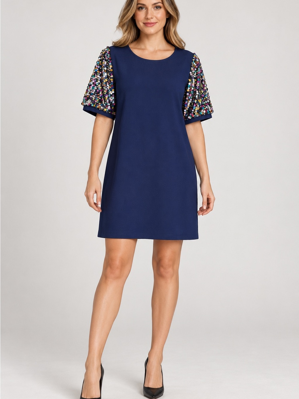 Taylor Swift style Navy Dress with Multicolor Sequin Puff Sleeves XL